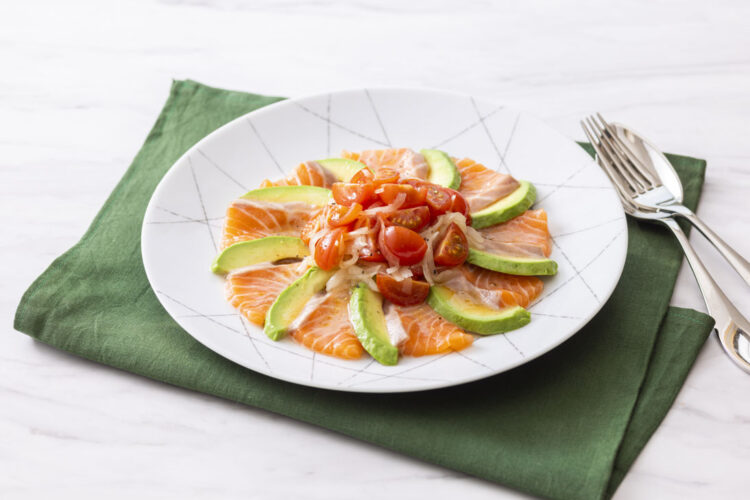 Salmon and Avocado Carpaccio with Marinated small tomatoes