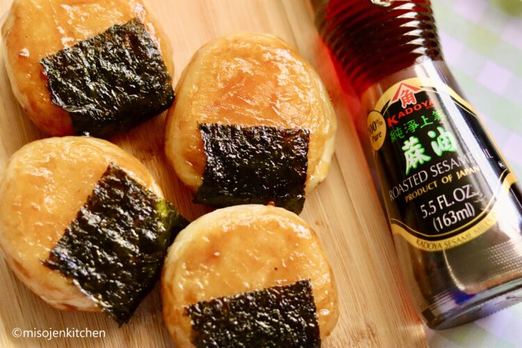 Sesame soy glazed potato mochi